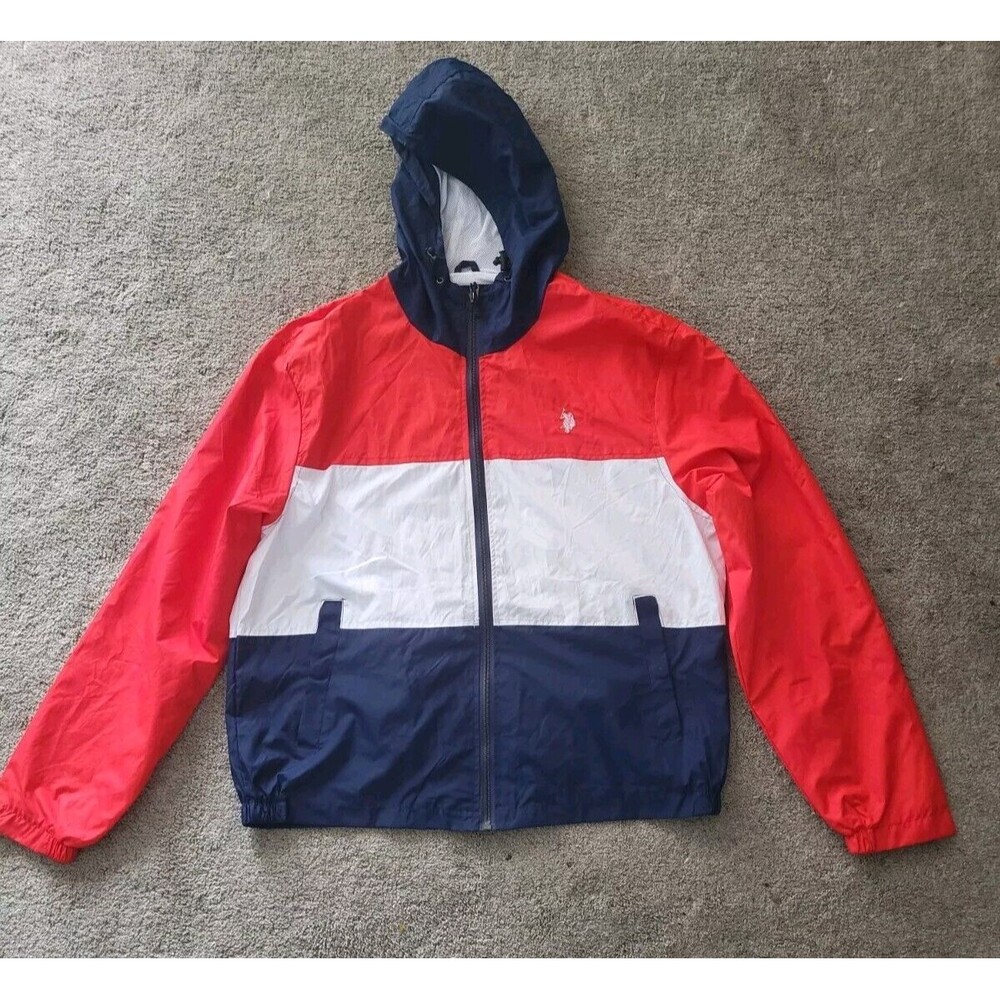 US Polo Assn Men's Blue White Red Hooded Full Zip Windbreaker Jacket Size L